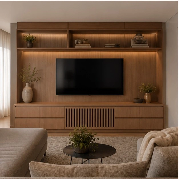 Sala com painel de TV sob medida e prateleiras iluminadas