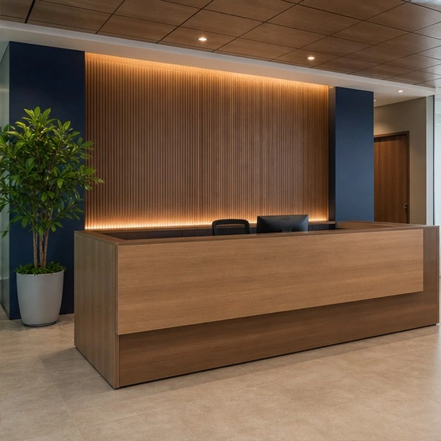 Recepção corporativa com balcão em madeira e painel ripado